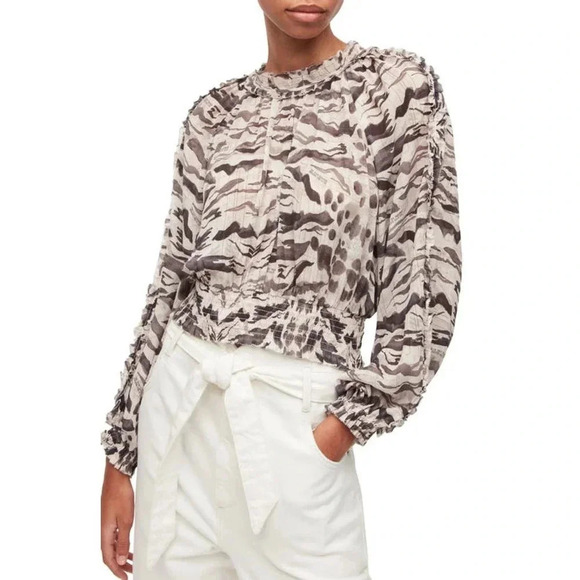 NWOT AllSaints Thallo Oniyuri Ruffle Smocked Top - Striped Patterned Blouse - Picture 1 of 11